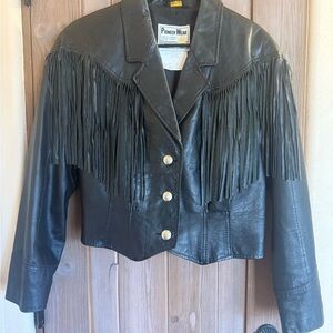PIONEER WEAR Black Leather Fringe Western Jacket with Silver Buttons